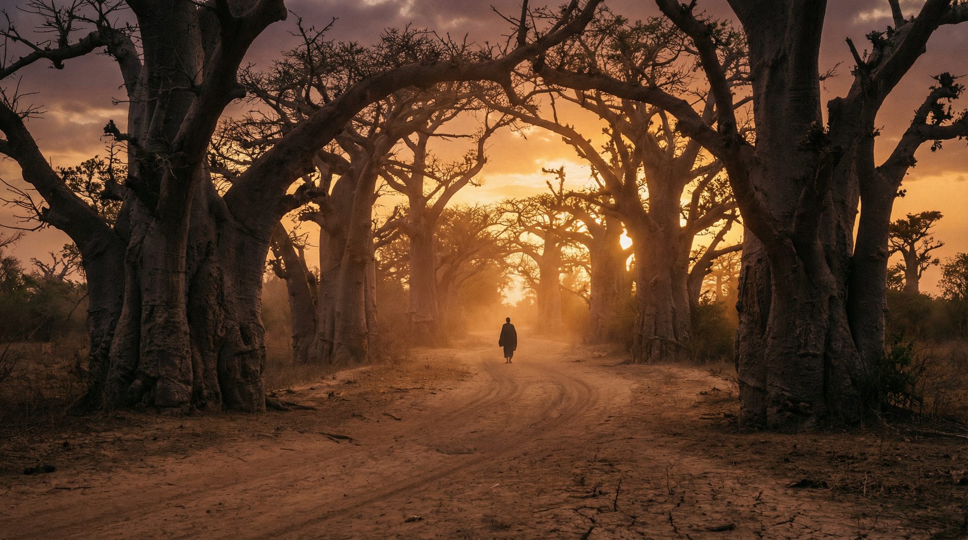 Baobab avenue in Senegal at sunset